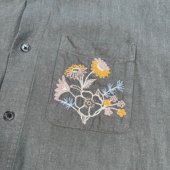 Abercrombie & Fitch Summer Linen Blend Shirt Men's M Green Floral Embroidery - Picture 7 of 16